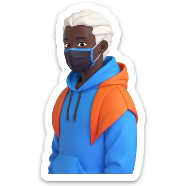 Discord emoji of a Black-skinned man with white hair and a little bit of blue, hair tied up at the back in a style similar to the first photo, viewed from the right angle, wearing a medical mask and a black hoodie with an orange hood, hairstyle features blue at the ends and center of the hair sticker