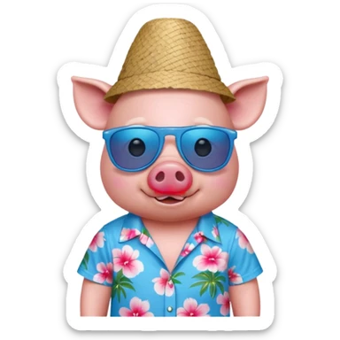 Pig with blue aloha shirt, birthday hat, sunglasses sticker