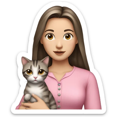 Brunette girl with straight hair in a pink blouse, holding a gray, striped, brown-eyed cat with a bow in her arms sticker