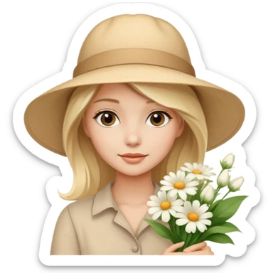 beautiful blonde girl in a summer beige hat with a bouquet of white flowers sticker
