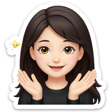 kawaii streamer girl, brunette, dark brown eyes, long dark hair, black outfit, smiling, sparkling eyes, blushing cheeks, happy expression, small stars around, emoji icon sticker