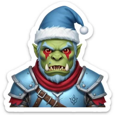 
Fantasy Christmas orc legion soldier icon, iron tundra army theme, heavy winter armor, disciplined brutal look, icy blue steel armor with deep crimson accents, frozen metal texture, cold winter atmosphere, male variant sticker