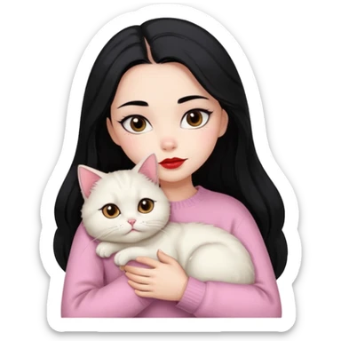 Beautiful Girl Long Hair black, Brows Big , Skin White, Sweater Pale Pink , Big Red Lips, Eyes coffe, Hug Little baby Persa Cream Cat With Cute Eyes sticker