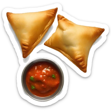 2 Samosas with red and green chutney on the side sticker