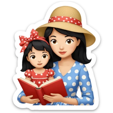 A black hair mother in a ribboned hat wearing polka dot dress reading a storybook to her child. sticker