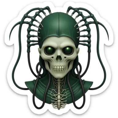 HR giger, wires, dark green, black flesh undead sorcerer, head. bones and skin sticker