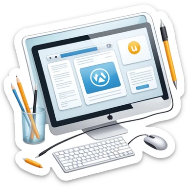 Modern icon for Web Design: computer screen with a website layout, design tools like a mouse and a stilus, web elements such as icons and wireframes. Transparent background. sticker