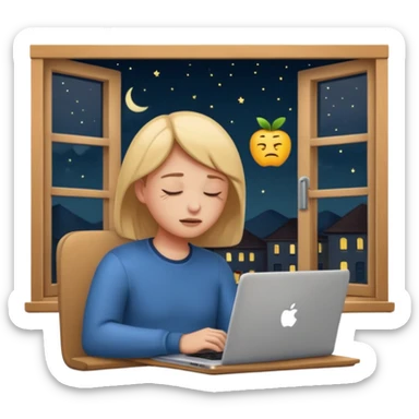 tired student with laptop, window at night behind, eyes closed, apple style emoji sticker
