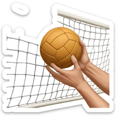 A close-up of a hand gripping a handball, with the handball gates visible in the background. The focus is on the texture of the ball and the strength of the grip, with the goal net slightly blurred to emphasize the anticipation of the throw. sticker