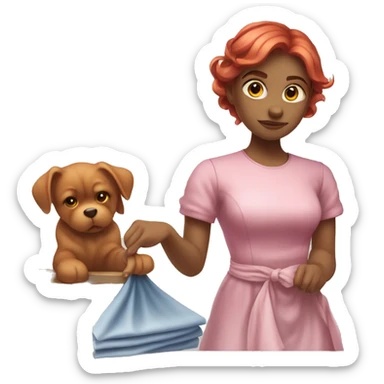 "A beautiful girl with red hair and fair skin, wearing a pink dress, cleaning another dress with a cloth. She is focused on the task and looks determined."






 sticker