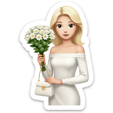 blonde woman in a white off-shoulder dress with long sleeves and a bouquet of white flowers in a white bag in her right hand sticker