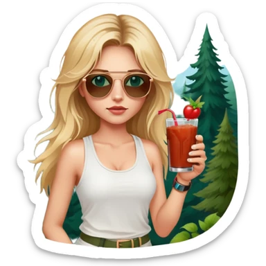 girl with long blond messy hair
with blue eyes
and aviator sunglasses
wearing white tank top 
holding bloody mary
wearing (rose gold apple watch with forest green band) sticker