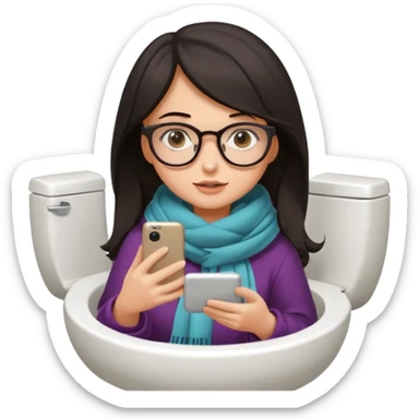 Fille châtain foncé avec lunettes. Elle porte une grosse écharpe. Elle est dans une cuvette de toilette. Téléphone en main. Realiste sticker