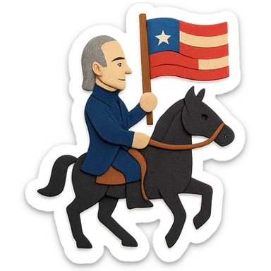 Polk on a dark horse, holding a flag, layered paper look, paper craft style sticker