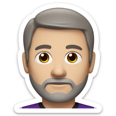 45-year-old caucasian man with a slightly round face, short hair with a small central crest and a slightly receding hairline. He has brown eyes, very short dark & white beard, and wears a black and purple soccer jersey. sticker