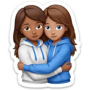 two Girls, Brown and Blonde hair, with Blue Eyes hugging one has Brown hair cute Hug another Version  Both Blue eyes and white hoddies sticker