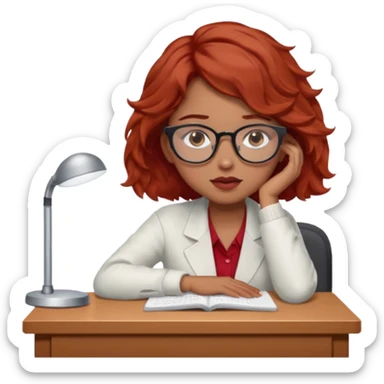 Pretty model, brown eyes, soft red short wavy hair, falling asleep at desk, wearing glasses sticker