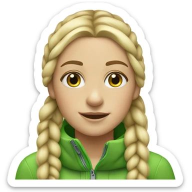 blonde girl, with freckless, green eyes, cite, two braids and goes skiing sticker