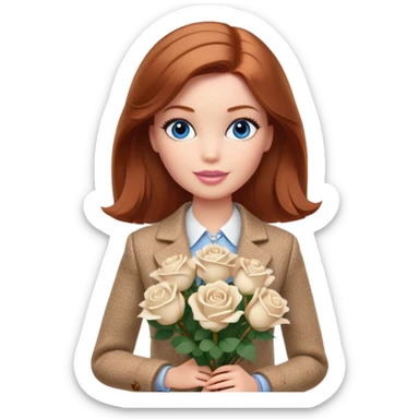 A Barbie girl with blue eyes, shoulder-length reddish-brown hair, made-up, wearing a beige tweed jacket and a beige skirt, with a bouquet of white roses sticker