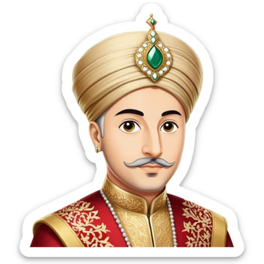 Suleiman the Magnificent – Cinematic Realistic Portrait of Suleiman the Magnificent, depicted as a regal Ottoman sultan in luxurious traditional attire with intricate patterns and a golden turban, his commanding gaze illuminated by warm, historic lighting, exuding majestic authority and timeless grandeur. sticker