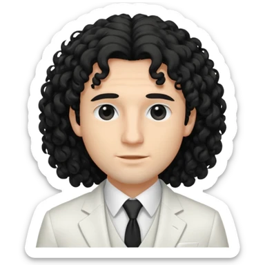Cockasian guy with black long curly hair thats on his face and black eyes wearing a White simple suit guy  sticker