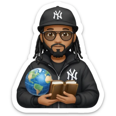 African American man with shoulder length black dreadlocks with black beard wearing black sunglasses wearing a black New York Yankees logo baseball cap wearing a black bubble winter coat holding a Bible and a Globe in his hands sticker