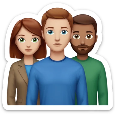 One woman with blue eyes, brown hair, light skin standing next to another woman with darker red brown hair, lighter skin, and green eyes, standing next to a man with no facial hair, blue eyes, and short brown hair sticker
