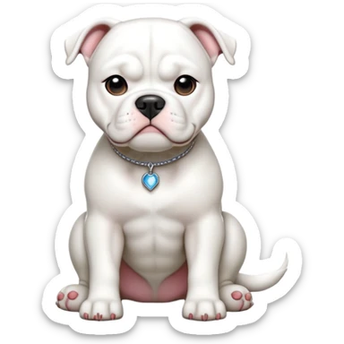 cinematic-[american bulldog]-realistic-full-body-sitting-emoji,-tail-resting-loosely-beside-its-paws,-head-tilted-dramatically,-sleek-[solid white]-fur,-simplified-yet-realistic-focused-features,-highly-detailed,-glowing-with-an-almost-sarcastic-glow sticker