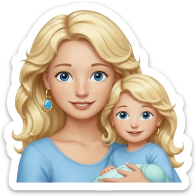 Wavy blonde, white woman with blue eyes, freckles hoop earrings, holding babies smiling and really cute in gold hoops sticker