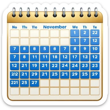generate a calender page with november 22 written on it, an ios styled icon , background free , blue and gold and white colors sticker