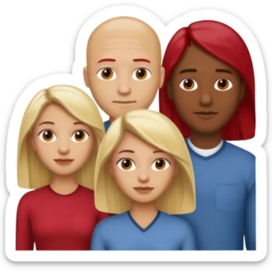 one male medium dark skin tone no hair and one woman light skin tone blonde highlights shoulder length hair and one woman light skin tone deep red long hair three people total sticker