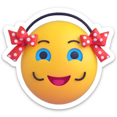 3D smiley emoji, large eyelashes, red polka dot bow, angry, furrowed eyebrows, blue eyes, musical notes sticker