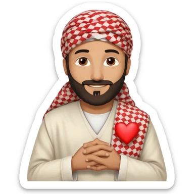 Middle Eastern man as a warm, symbolic figure of gratitude, friendly smile, trimmed beard, wearing a white thobe and a red-and-white checkered keffiyeh with black agal, hands crossed over chest in appreciation, small red heart above head, soft beige background, clean flat digital emoji style sticker