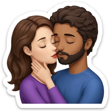 White woman (brown hair with eyes closed) kissing the top of the head (forehead) of brown man with black wavy hair (has a a beard with his eyes closed too). Woman has her lips to the forehead of the man. sticker
