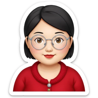 a little smile chubby asian waman wear thin siver circle glasses round eyebrow medium black hair wear red Cashmere knit sticker