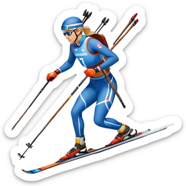 An icon featuring snow-covered trees, distant mountains, and a clear blue sky with a biathlete in motion, holding a rifle and skiing across a snowy course. Transparent background highlights the precision, endurance, and excitement of biathlon. sticker