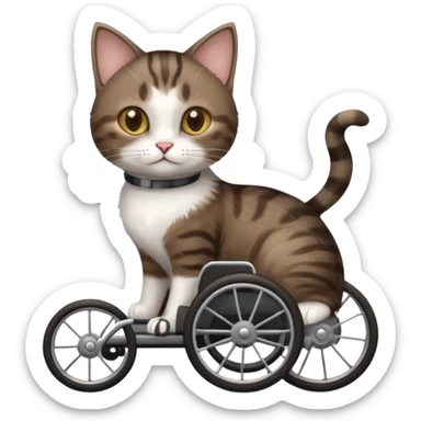 full body small short hair dark brown and white cat with hazel eyes walking in a wheelchair for cats sticker