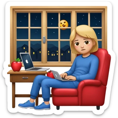 tired student with laptop, window at night behind, slumped in chair, apple style emoji sticker