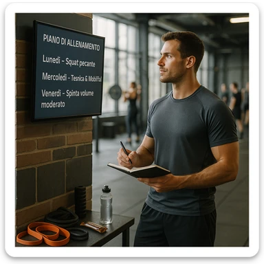 Sporty 30-year-old man in a modern gym, near a digital screen displaying a weekly plan in Italian: 'Lunedì – Squat pesante', 'Mercoledì – Tecnica & Mobilità', 'Venerdì – Spinta volume moderato'. He looks at the plan attentively, wearing technical sportswear, holding a pen and notebook. Around him: resistance bands, mobility tools, water bottle, protein bar. Relaxed and strong posture. Other athletes in the background. Natural light, fitness-lifestyle style, slightly cinematic. sticker