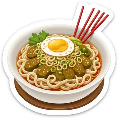 Wuhan hot dry noodles with sesame paste and pickles, simplified emoji style with bold outlines and bright colors, cartoon style Hubei breakfast Re Gan Mian sticker