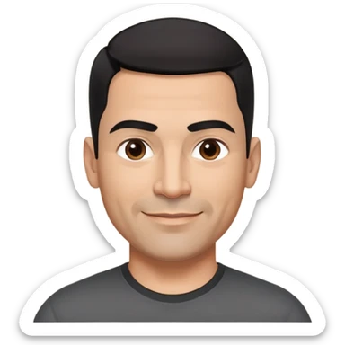 Athletic Hispanic man in his 40s-50s with light brown skin, very short black hair with low fade haircut, square face with strong jawline, thick straight eyebrows, wide straight nose, medium lips with confident smile, broad shoulders, wearing black fitted t-shirt sticker