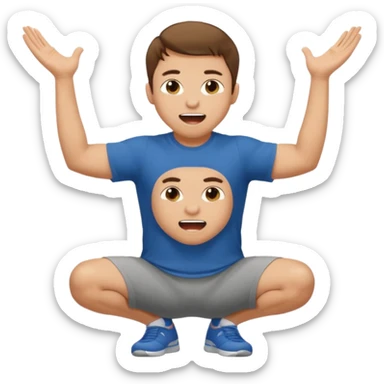 Make a normal wieght guy facing forward squatting with a t-shirt on and his hands up and his mouth open sticker