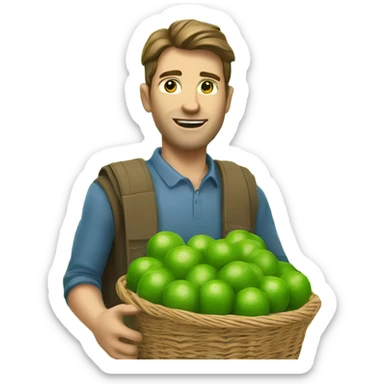 A white man with brown hair and tall carrying many limes in his hands in a supermarket. Make it so the limes are nearly overflowing the basket  sticker