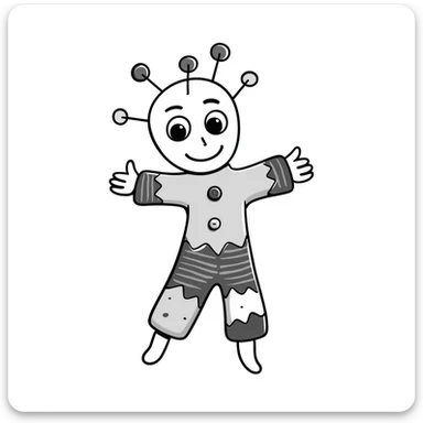 A hand-drawn colorful voodoo doll with stitches, multicolored fabric patches, big button eyes, and pins sticking out sticker