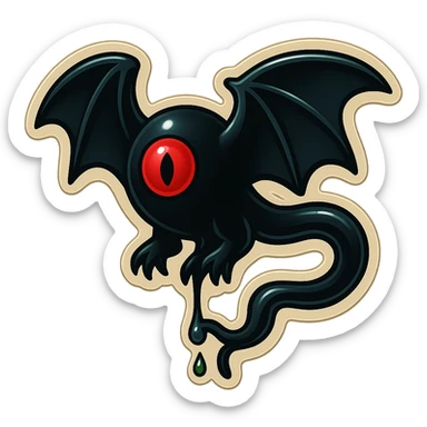 an all black reptilian bat-like creature. One cyclopian red eye in its face. no visible mouth or ears. 2 hind legs with claws. has a long tale with a stinger that drips green poison sticker