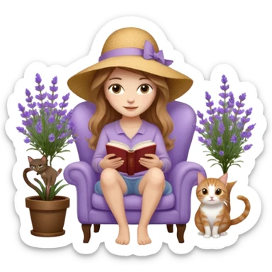 a woman with long light brown wavy hair and light brown eyes reading a book, sitting on a comfortable reading chair, two cats (one black cat and one brown tabby cat) beside her, small table with a cup of coffee, garden setting with lavender flowers around her sticker