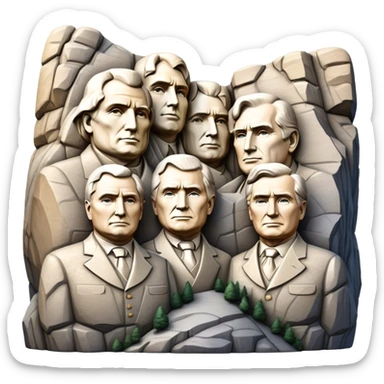 Cinematic Realistic Mount Rushmore Landmark Emoji, featuring the carved faces of four U.S. presidents, etched into the granite mountainside with dramatic lighting accentuating the rock textures. sticker