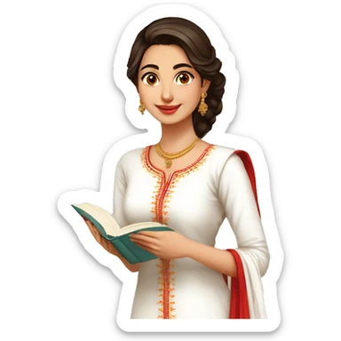 A modern women wearing white kurti no embroidery red dupatta and book in hand sticker