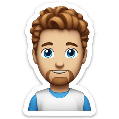 a guy with a voluminous chestnut-colored hairstyle, white skin, no curls, holding a MacBook, blue eyes, wearing a white T-shirt, average build sticker