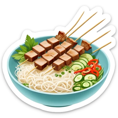 Vietnamese Bún Thịt Nướng with meat specifically grilled on skewers, alongside a bowl of rice vermicelli noodles, herbs and vegetables sticker